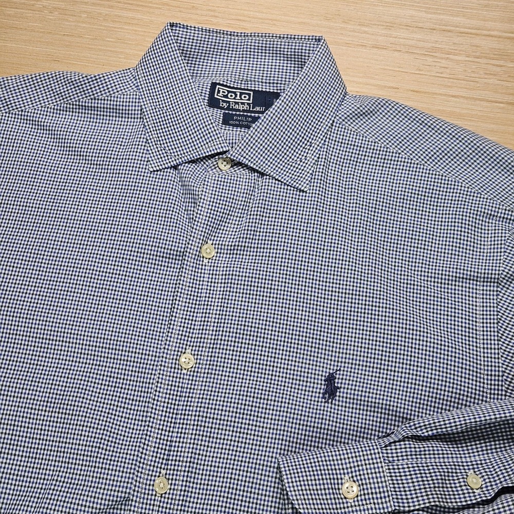 Polo Ralph Lauren Philip Button Down Shirt Men 16.5 L Blue Gingham Long Sleeve